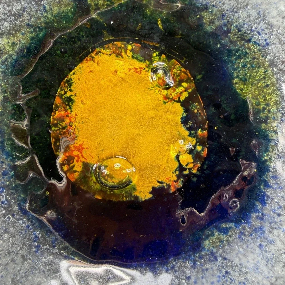 Handmade Fused Glass Bowl Dish Blue Yellow Green Celestial Art Glass Catchall